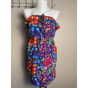 Poet Strapless Floral Ruffle Mini Dress S Tropical Boho Summer Vacation Resort